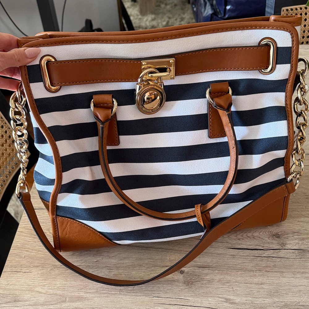 Michael Kors Large Hamilton Blue White Striped Canvas tote